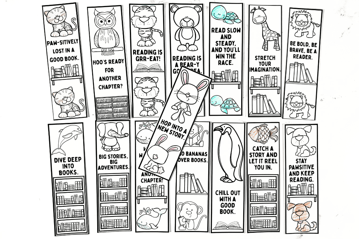 Printable animal bookmarks with fun reading puns, ready for kids to color and use as reading incentives.