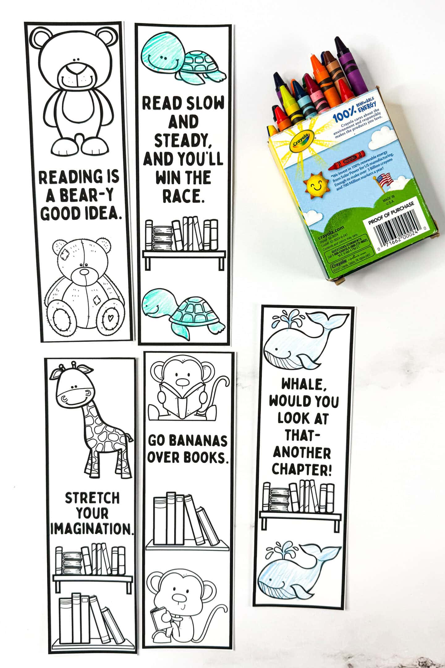 Printable animal bookmarks for kids featuring bears, turtles, giraffes, monkeys, and whales with motivational reading quotes to color.