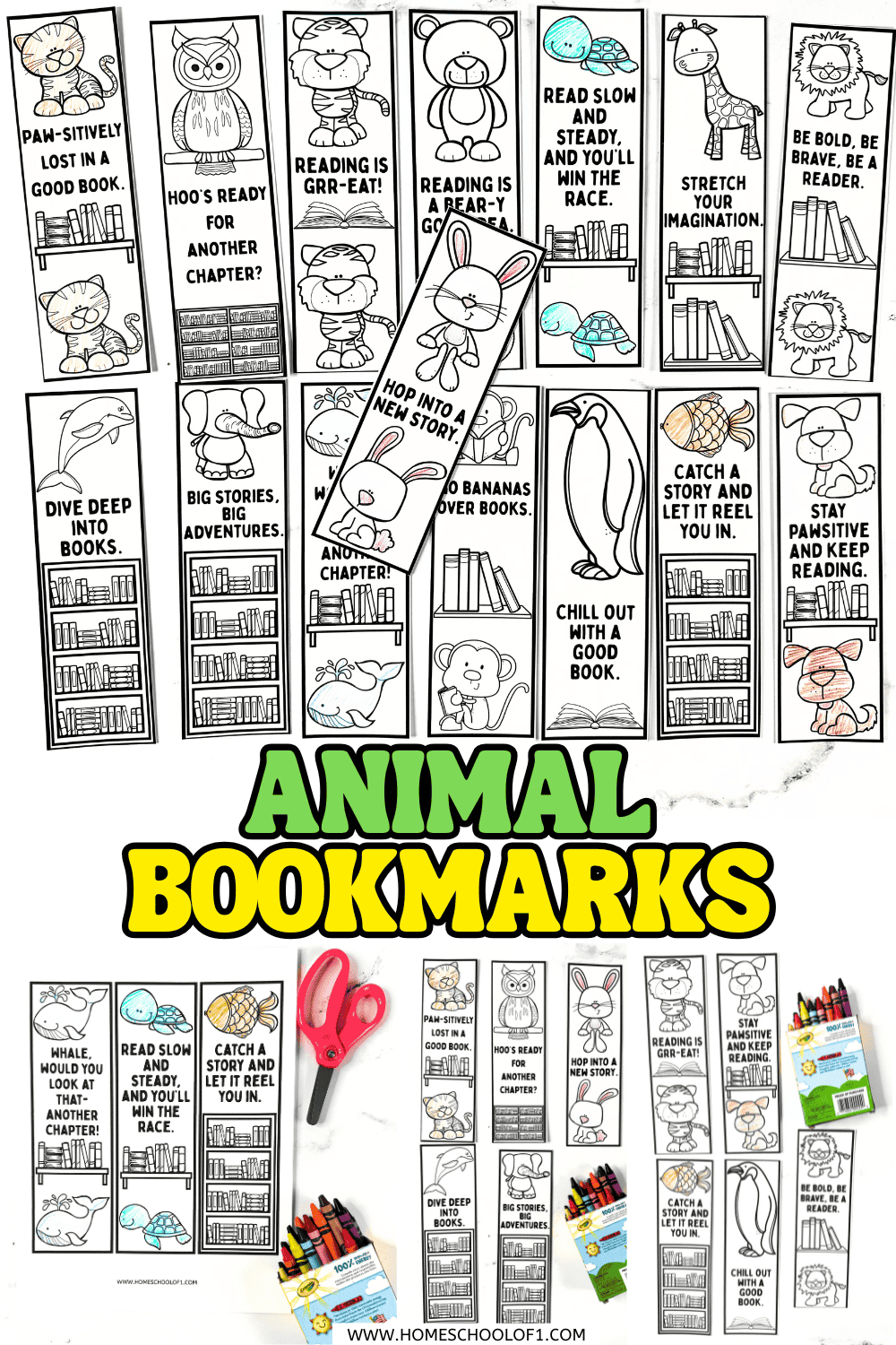 Printable animal bookmarks for kids to color, featuring cats, owls, lions, penguins, and more with fun reading quotes.