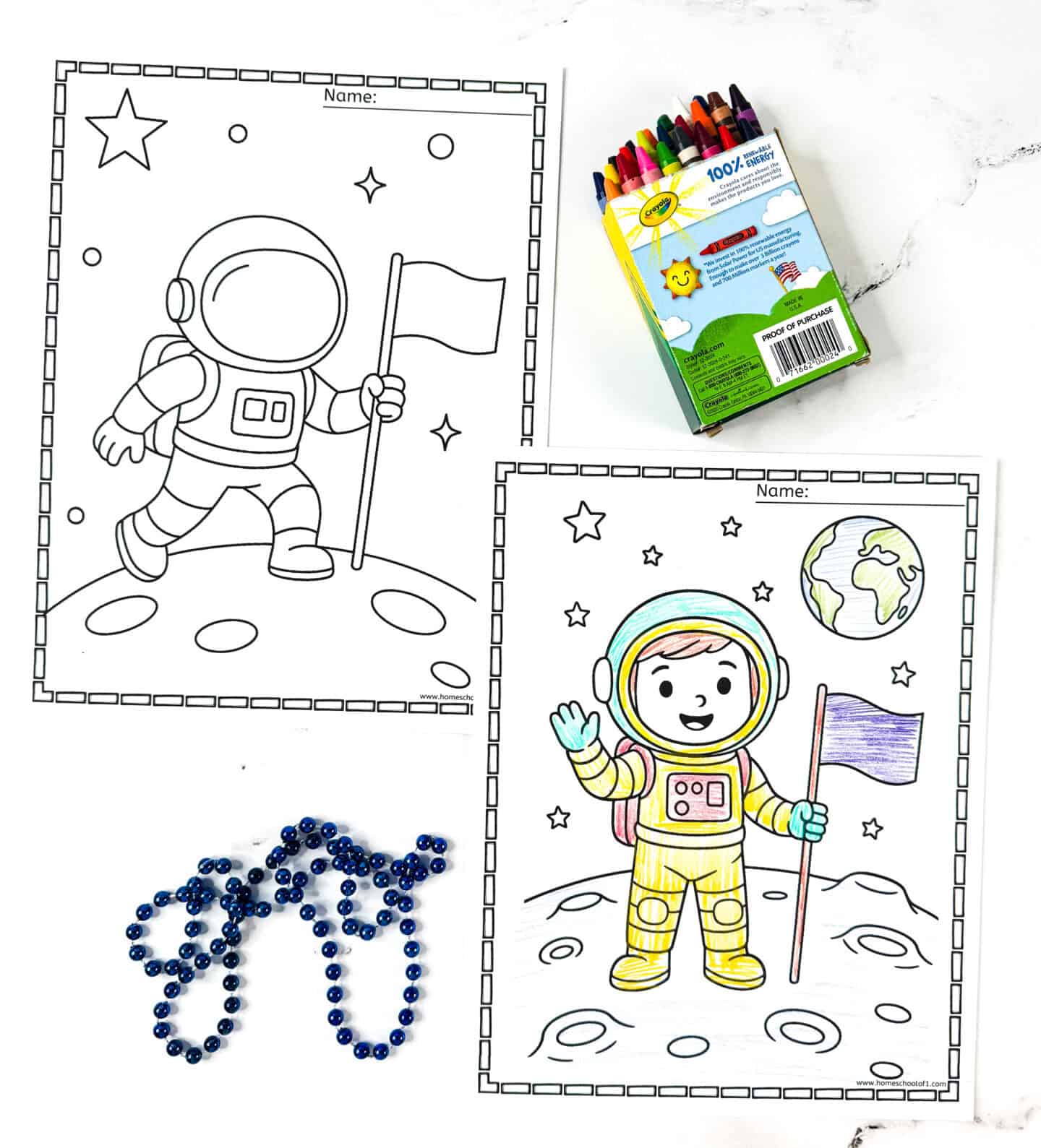 Free astronaut coloring pages featuring kids in spacesuits holding flags on the moon with Earth in the background.