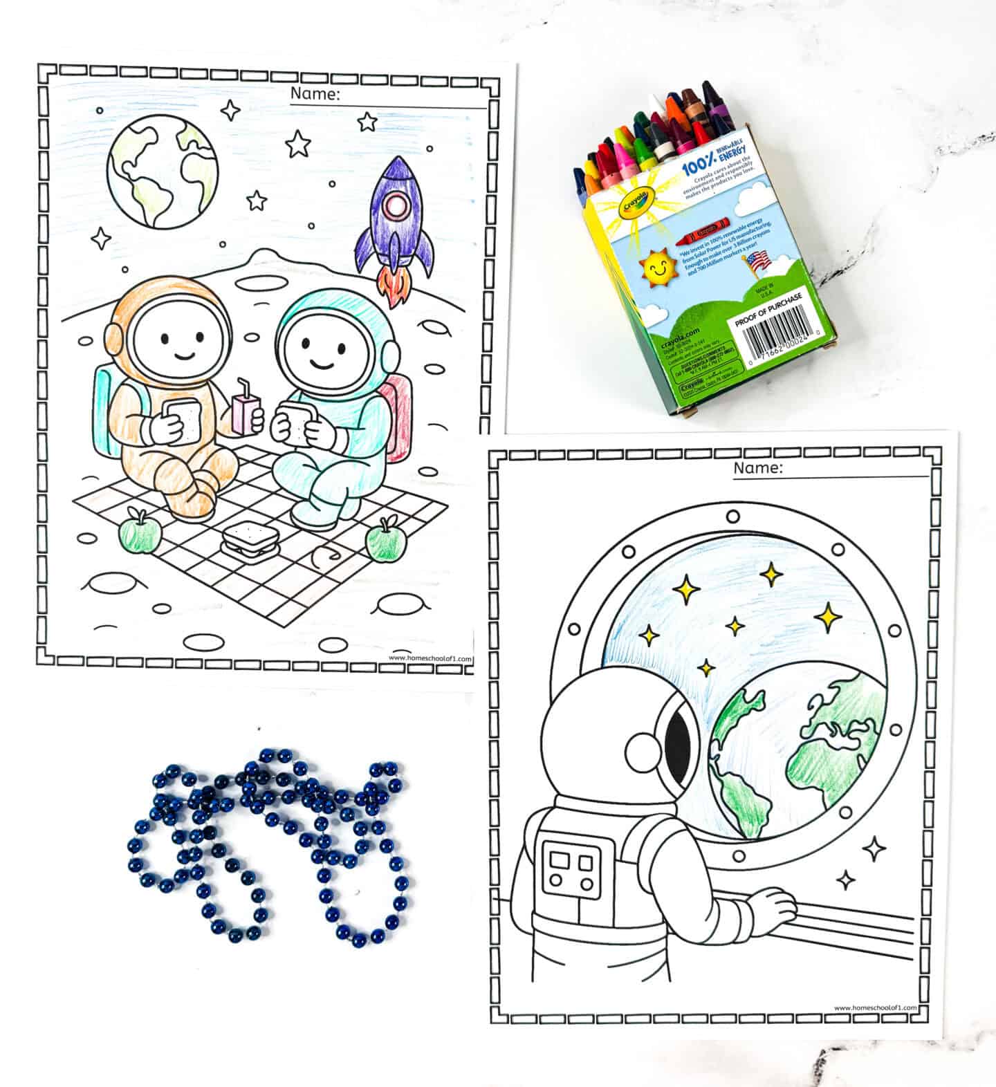 Free printable astronaut coloring sheets showing astronauts having a picnic on the moon and gazing at Earth through a space station window.