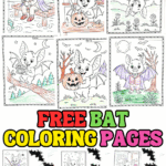 Six completed bat coloring pages showing cute bats in various scenes—flying, hanging, holding pumpkins, and dressing up in costumes.