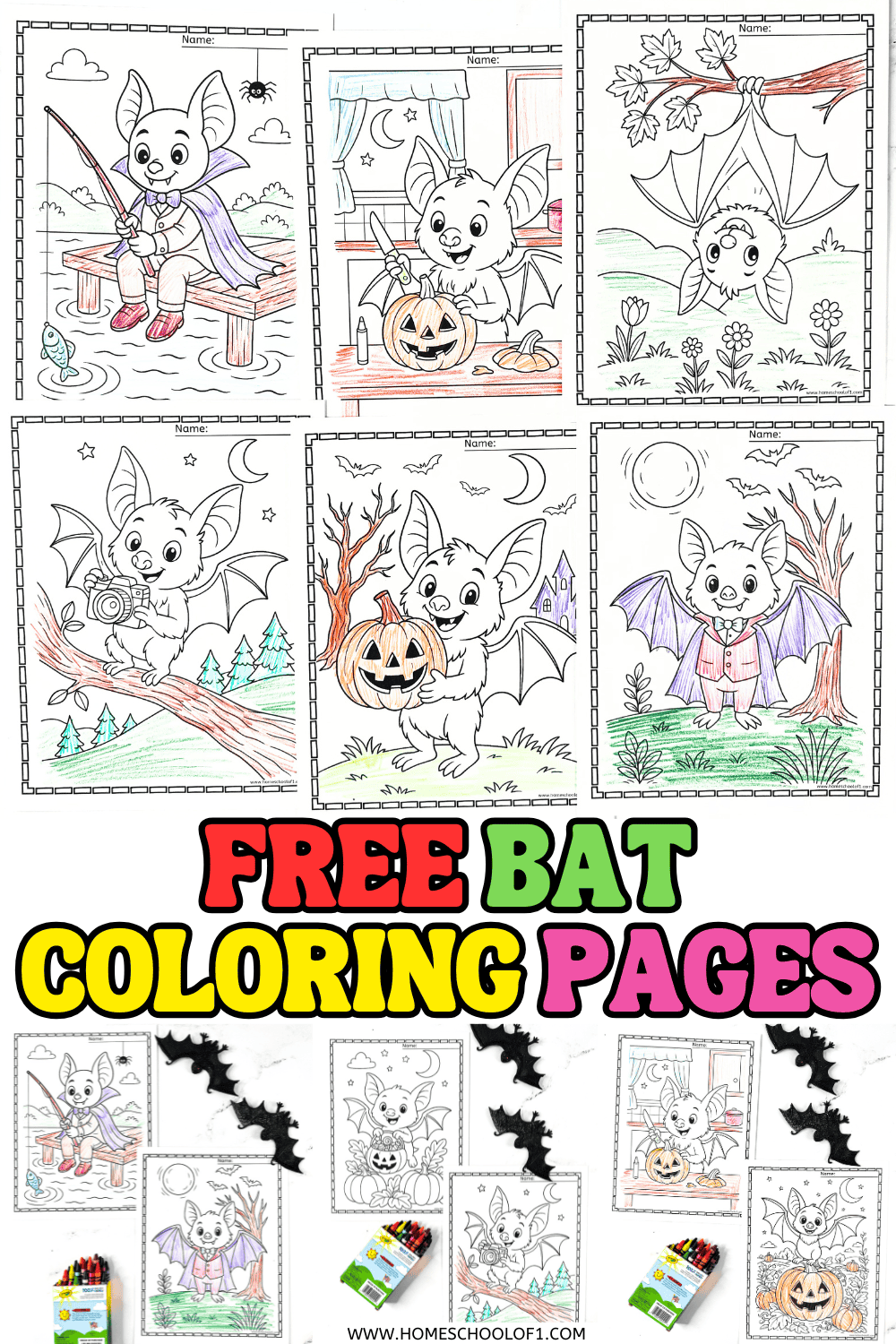 Six completed bat coloring pages showing cute bats in various scenes—flying, hanging, holding pumpkins, and dressing up in costumes.