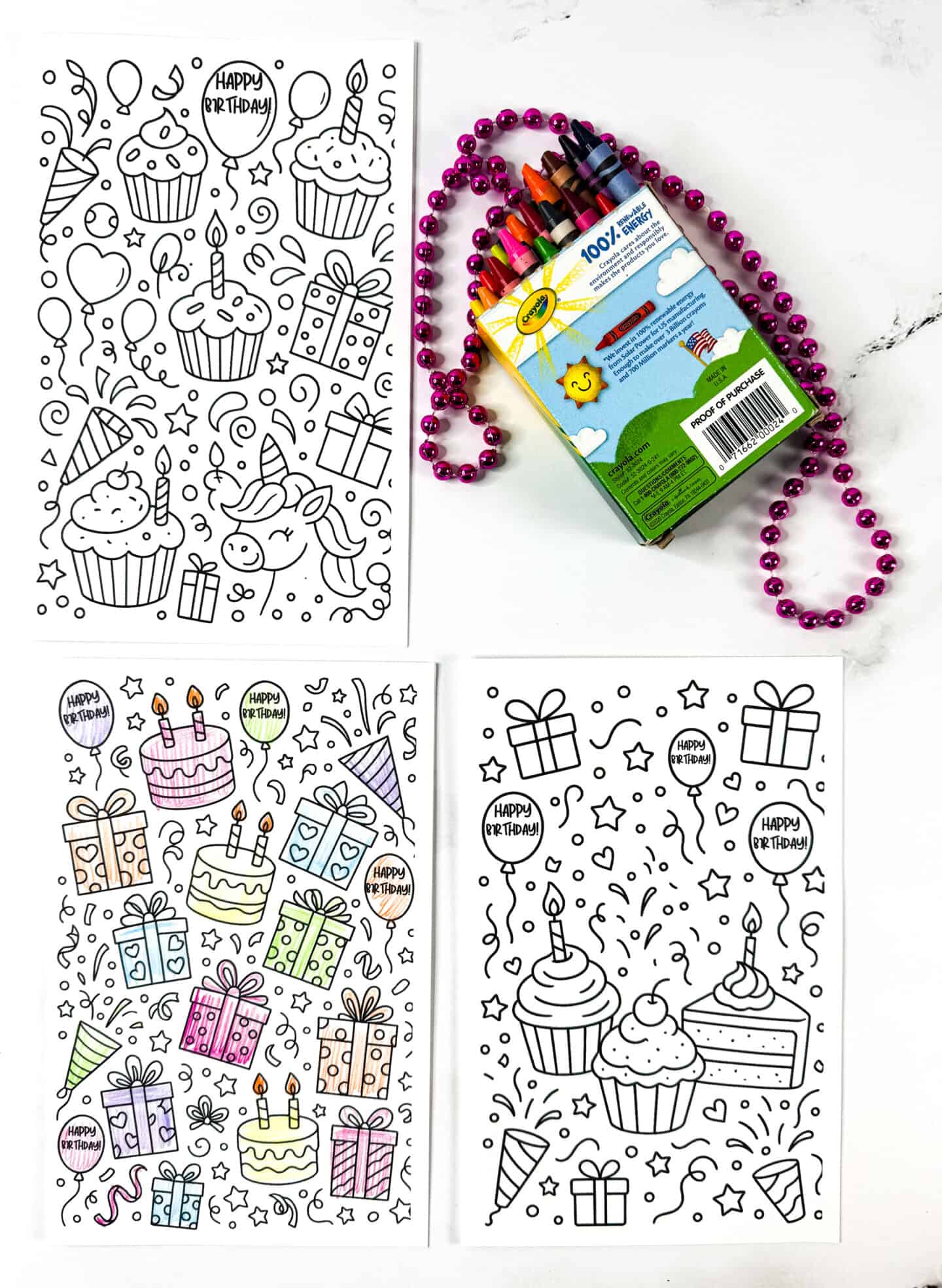 Free printable birthday coloring cards with cupcakes, cakes, balloons, presents, and unicorns, shown partially colored with crayons.
