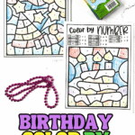 Two birthday color by number worksheets, one with a party hat and one with a birthday cake, next to a box of crayons.