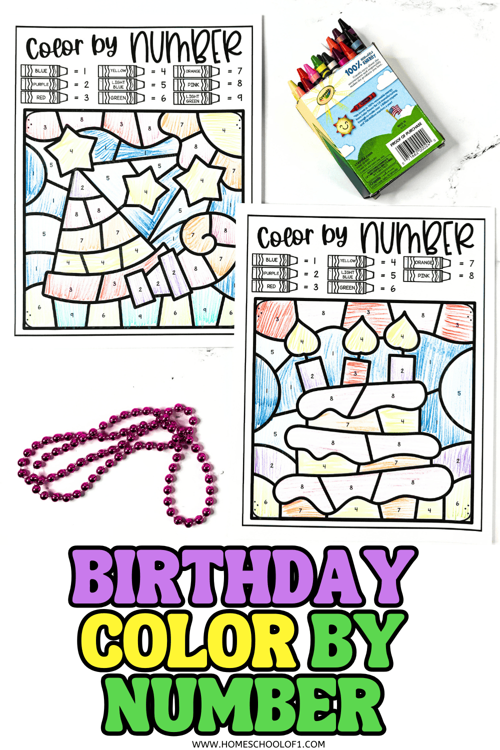 Two birthday color by number worksheets, one with a party hat and one with a birthday cake, next to a box of crayons.