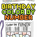 Birthday color by number worksheets showing cupcakes, candles, balloons, and presents, colored with crayons.