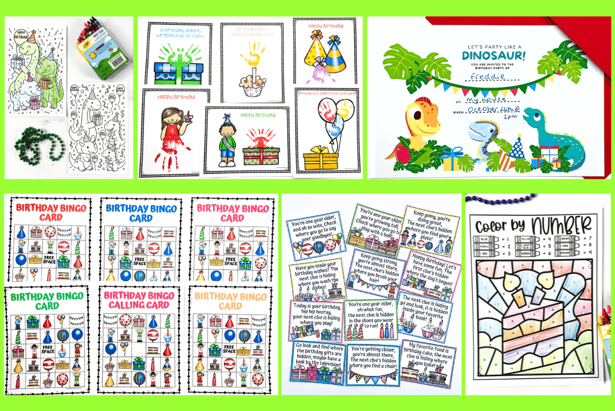 Birthday printables for kids with bingo cards, scavenger hunt riddles, dinosaur invitations, space invitations, and birthday coloring sheets.