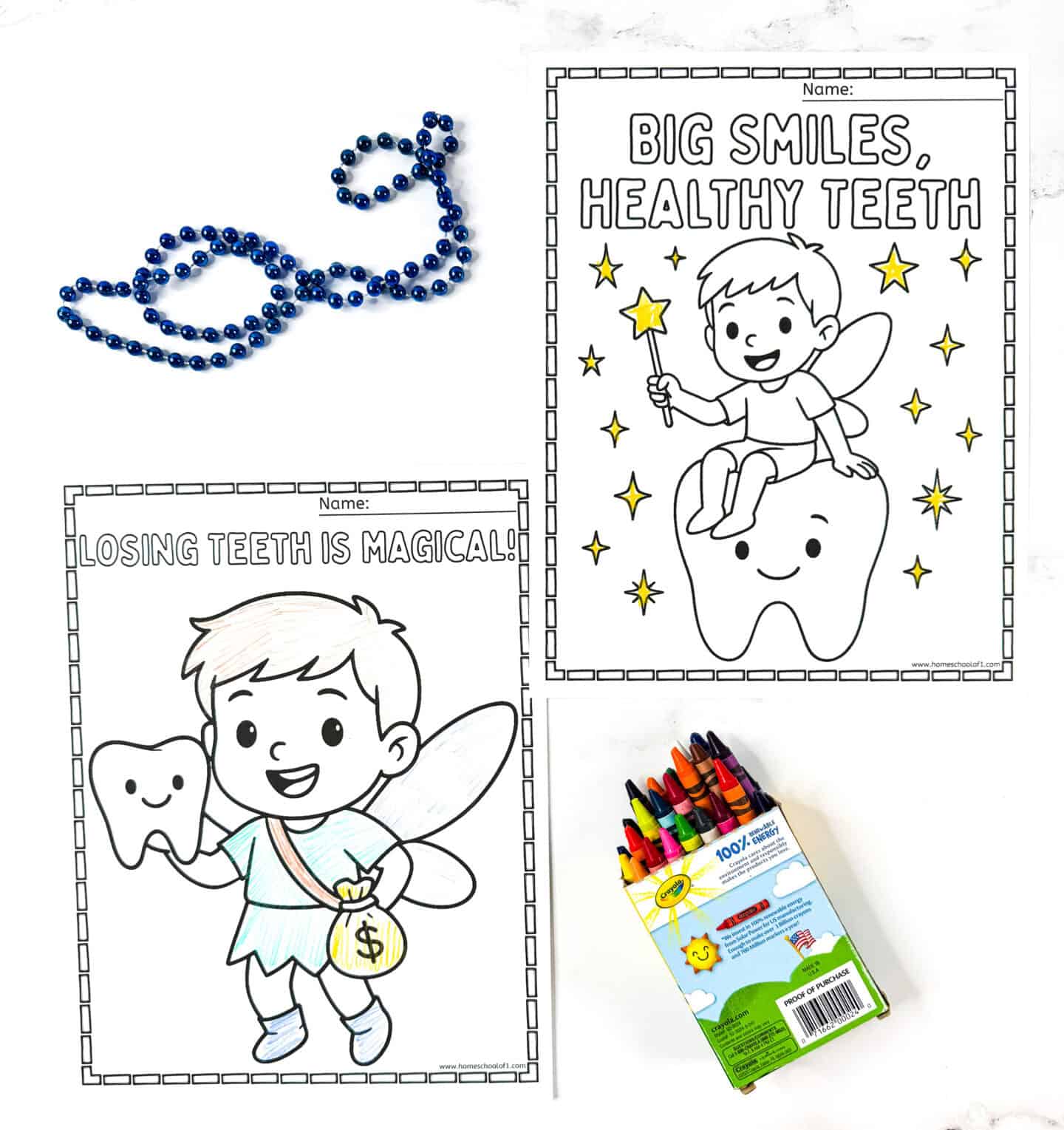 Two Tooth Fairy coloring pages for children with boy fairies: “Losing Teeth is Magical!” showing a boy holding a tooth and coin bag, and “Big Smiles, Healthy Teeth” with a boy fairy sitting on a tooth.