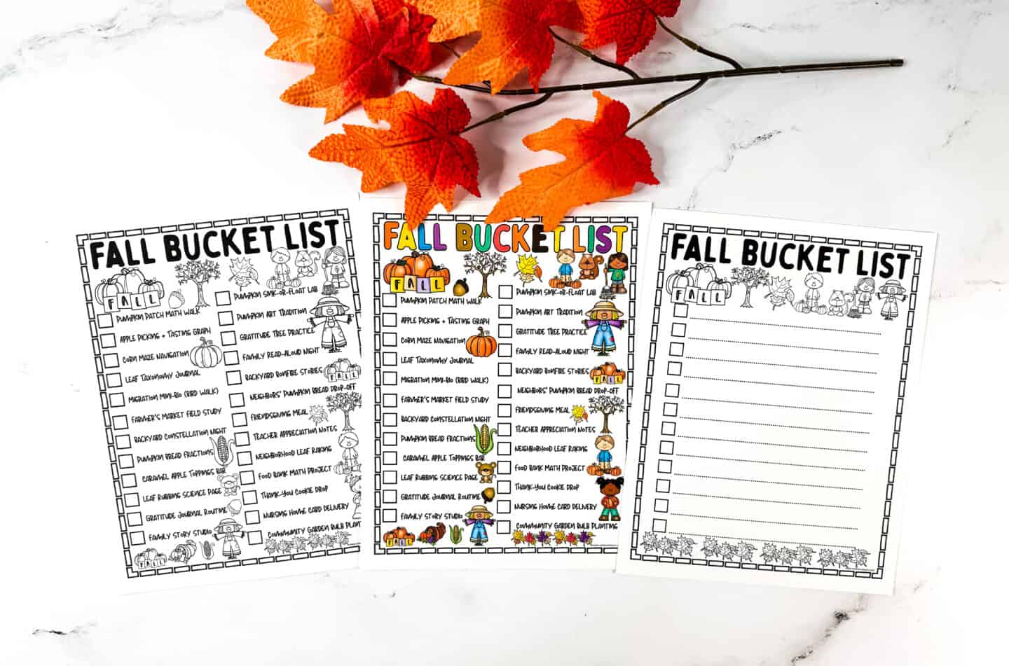 Set of three fall bucket list printables, including a colored version, black-and-white version, and blank template.