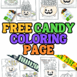 Trick-or-treat candy bag and ghost candy jar coloring pages with crayons and pumpkin bucket.