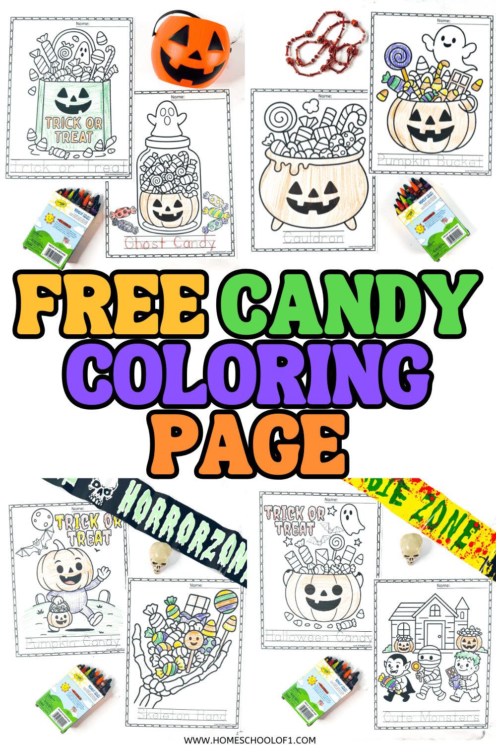 Trick-or-treat candy bag and ghost candy jar coloring pages with crayons and pumpkin bucket.