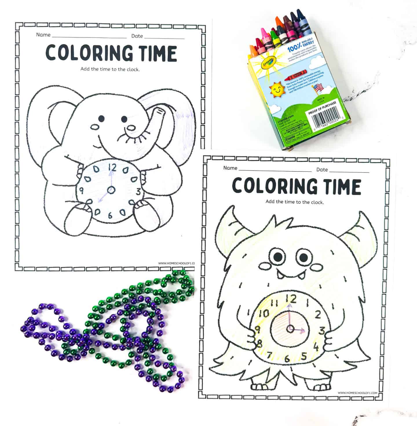 Telling time coloring worksheets featuring a cartoon elephant and monster holding clocks for kids to add the time and color.