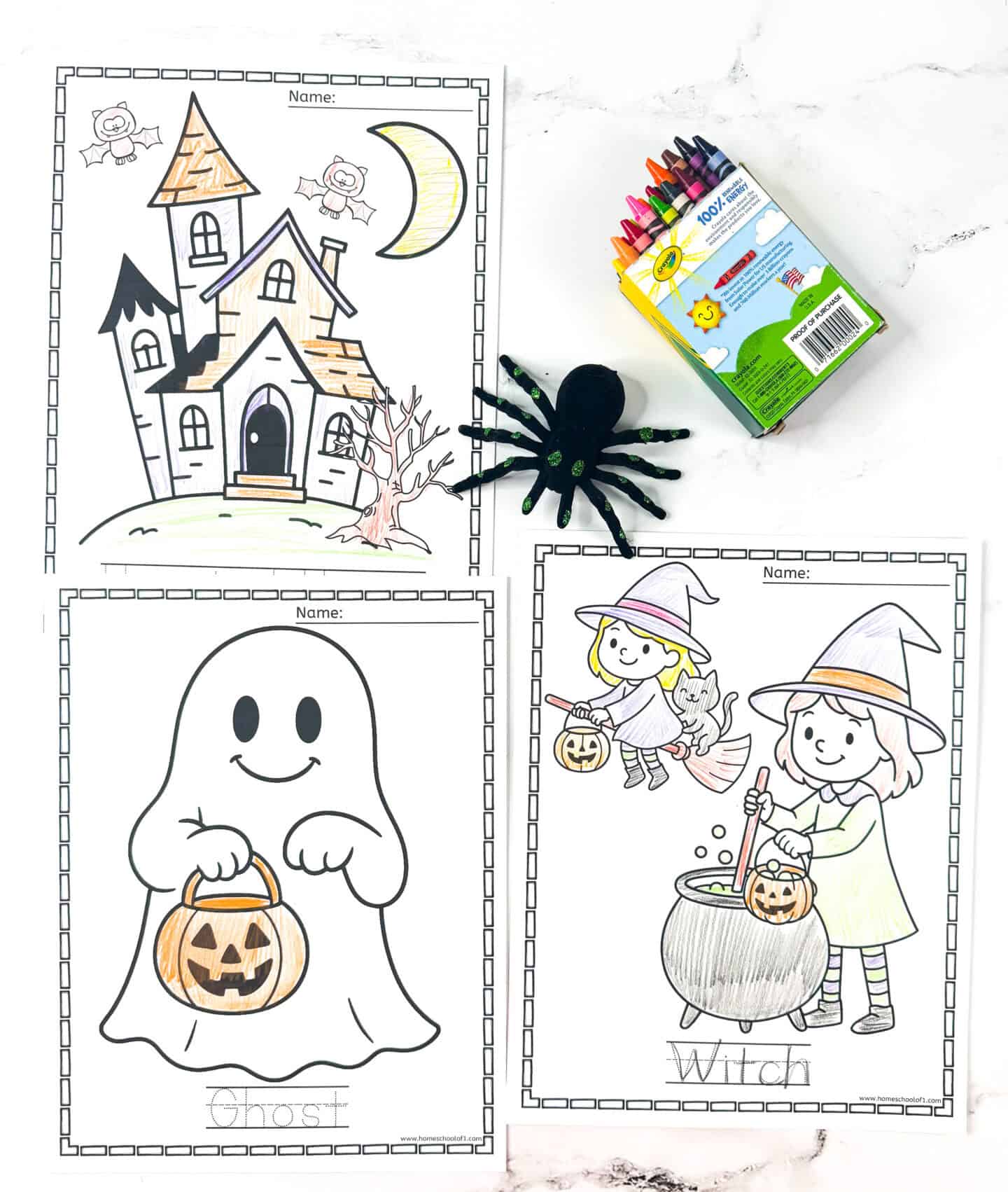Free printable Halloween coloring pages for kids featuring a haunted house, a smiling ghost, and two friendly witches.