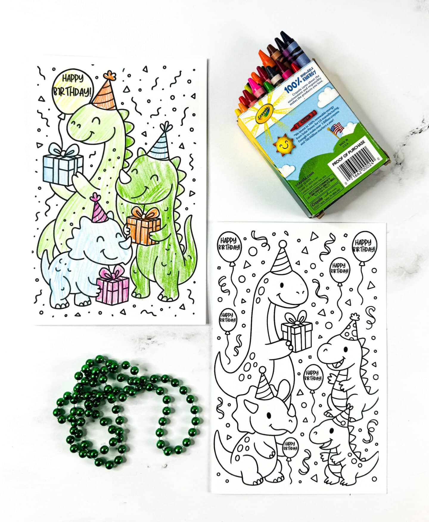 Dinosaur birthday card printables featuring cute dinos in party hats holding presents, designed as foldable cards for kids to color.