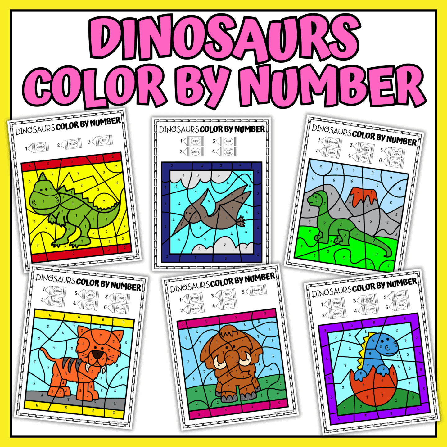 Printable dinosaur color by number pages featuring T-rex, pterodactyl, stegosaurus, mammoth, and more.