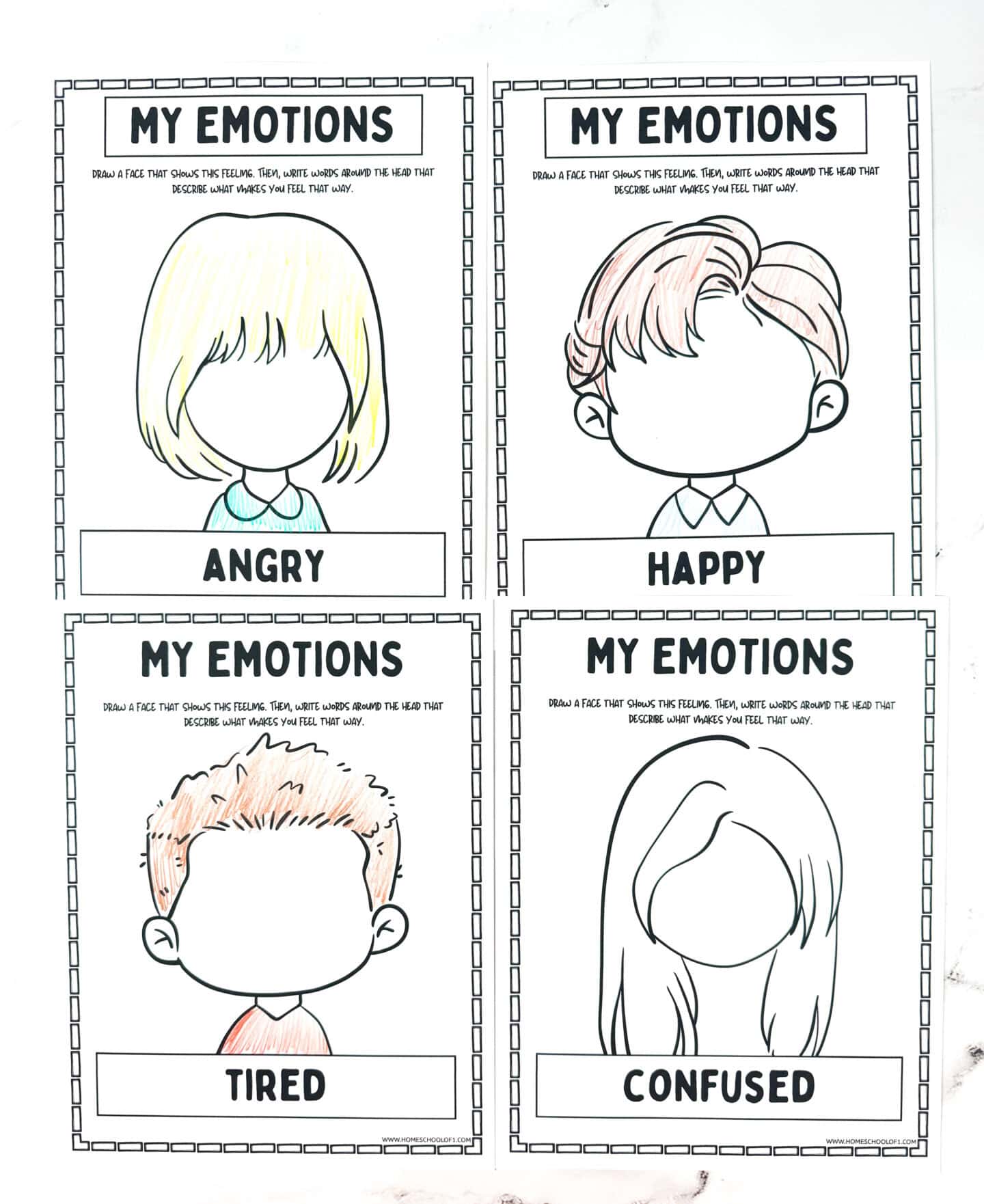 Set of four My Emotions worksheets with blank faces labeled angry, happy, tired, and confused for kids to draw and explore feelings.