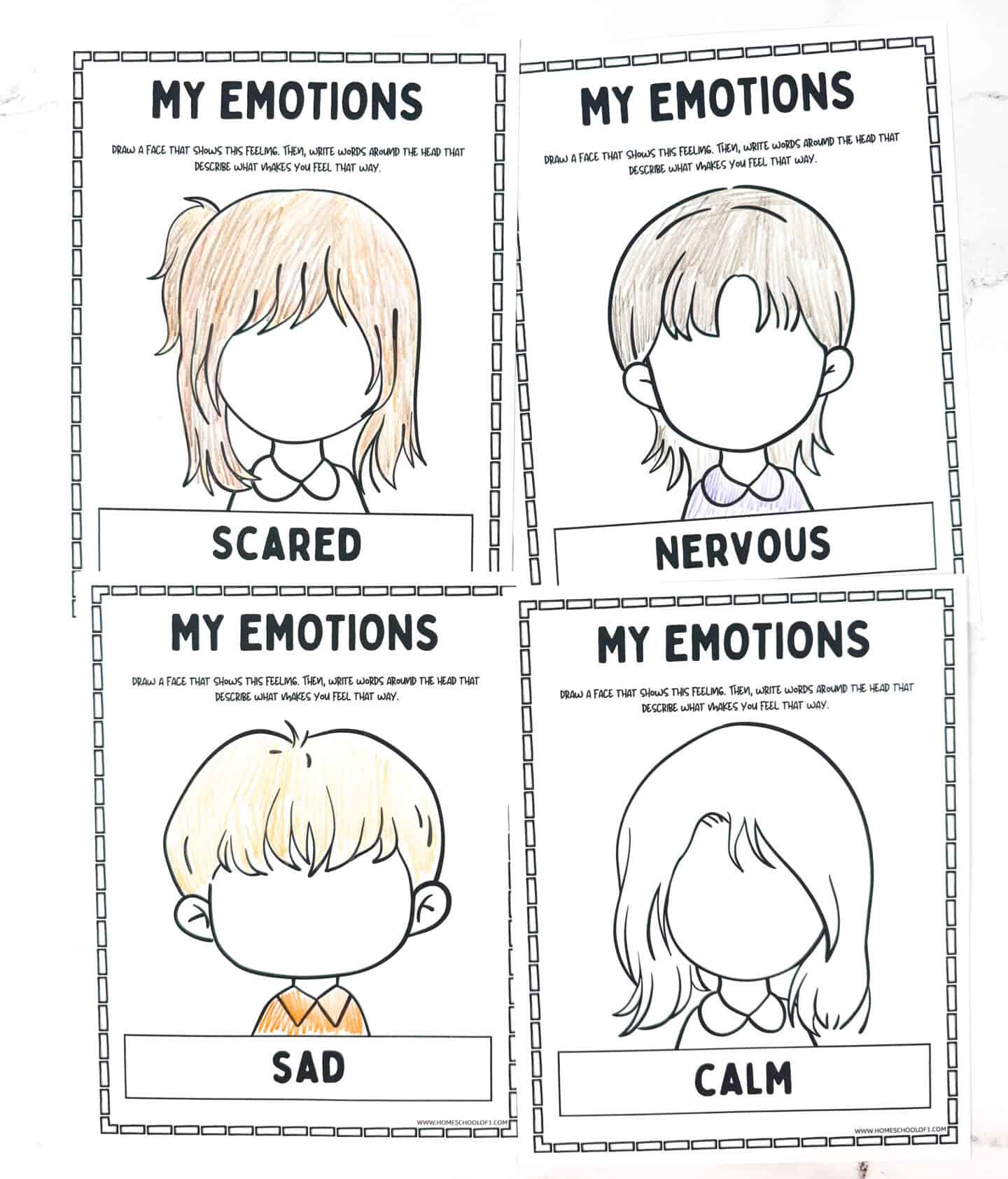 Printable emotions worksheets showing blank faces for scared, nervous, sad, and calm—designed to help kids reflect on feelings.