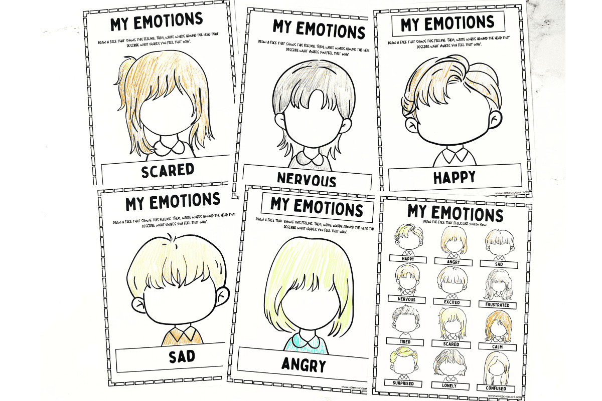 Emotions worksheet pages with labeled emotion faces and cut-and-paste scenario prompts for students to match with feelings.