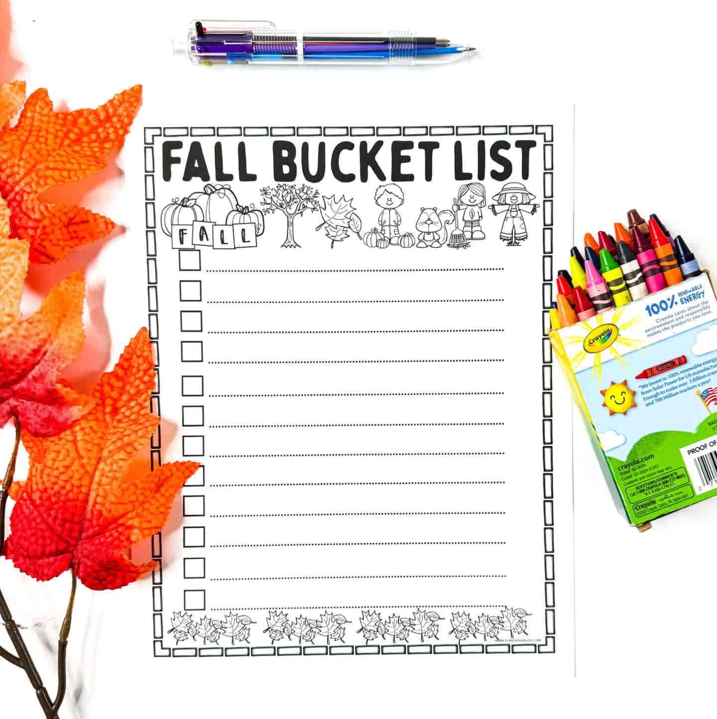 Blank black-and-white fall bucket list template with lined spaces for kids to add their own ideas.
