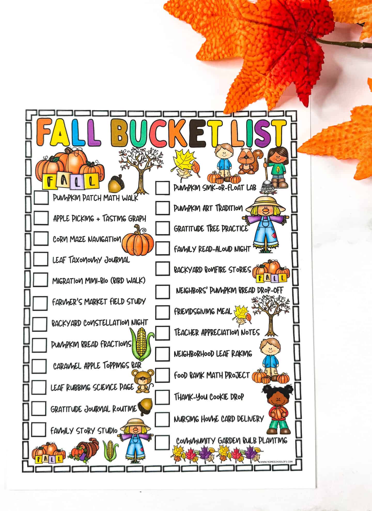 Colorful fall bucket list printable for kids with 25 seasonal activity ideas and checkboxes.
