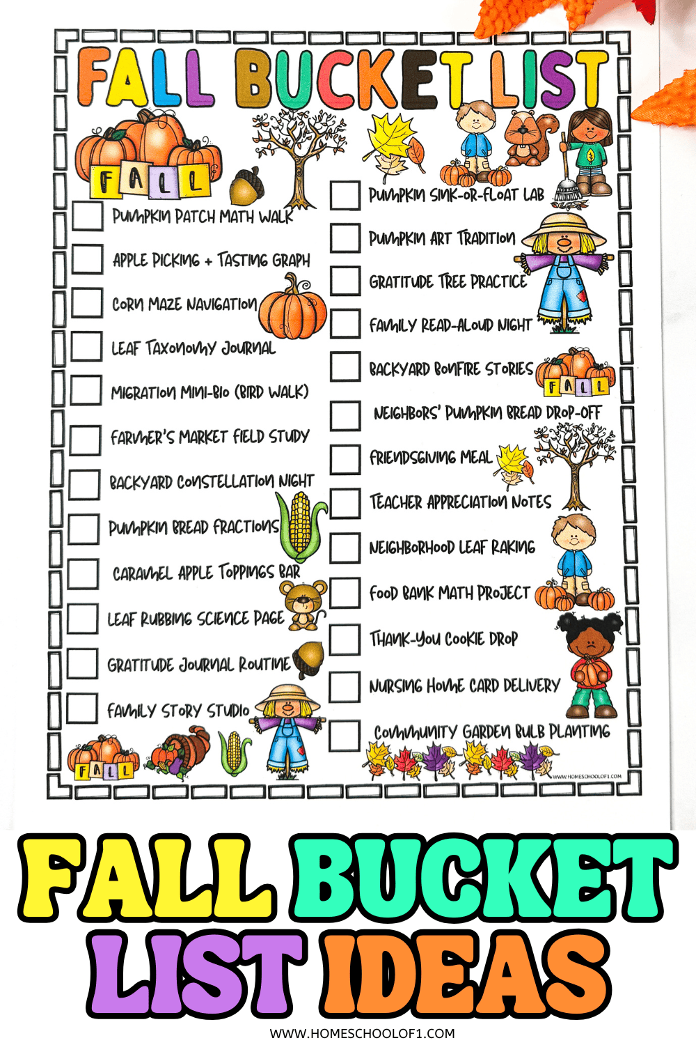 Colorful fall bucket list printable for kids with 25 family-friendly seasonal activities.