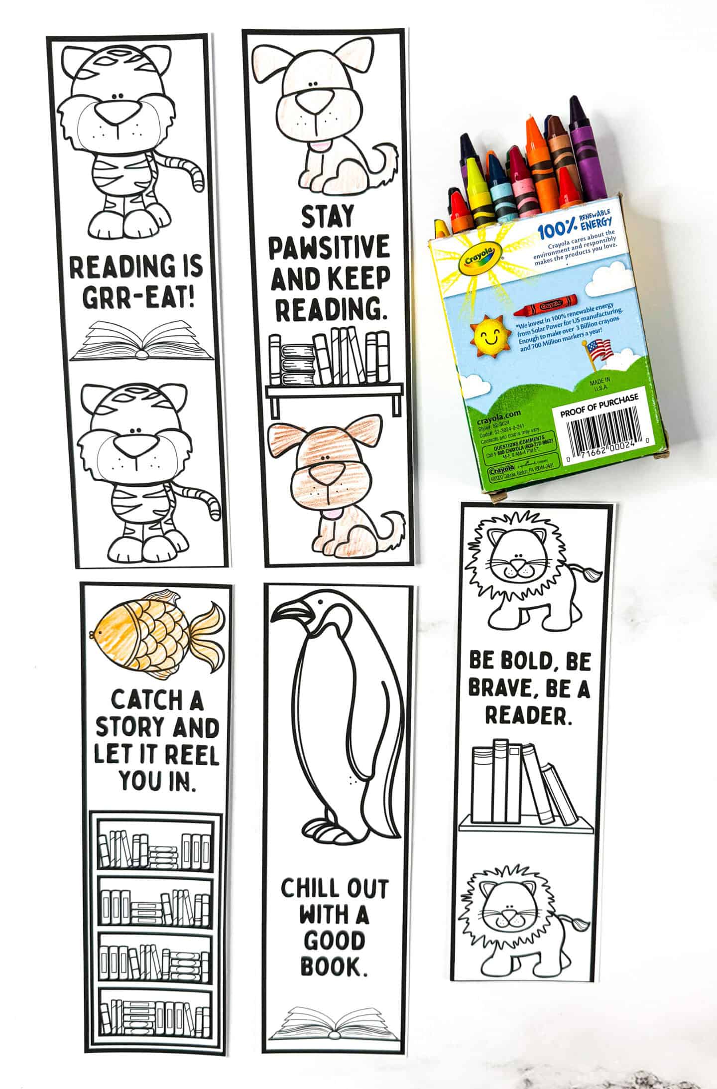 Free animal bookmarks to color, including tigers, dogs, penguins, lions, and fish with playful reading puns for kids.