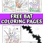 Nine colorful bat coloring pages displayed together, showcasing bats in playful Halloween settings with pumpkins, trees, and full moons.