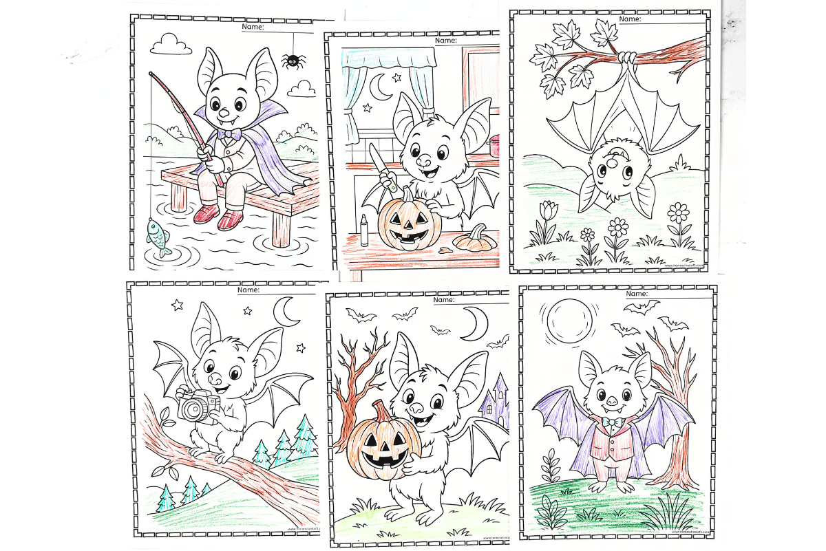 Six bat coloring pages for kids shown in a collage, each with a unique Halloween scene and space for children to write their names.