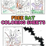 A collection of bat coloring sheets featuring cute bats in fun settings—fishing, carving pumpkins, hanging upside down, and more—colored with crayons.