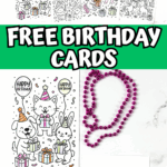 Free birthday cards to color with unicorns, dinosaurs, balloons, cupcakes, and kawaii animals, designed for kids’ creativity.