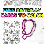 Collection of free birthday cards to color with unicorns, dinosaurs, cupcakes, balloons, and animals, shown colored and uncolored.