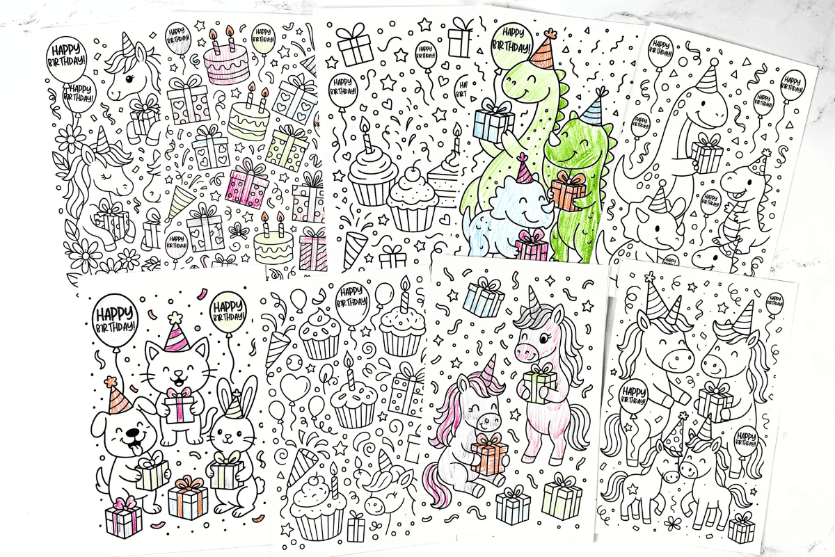 Set of free printable birthday coloring cards with unicorns, cupcakes, animals, and dinosaurs for kids to color and personalize.