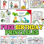 Free birthday printables for kids including bingo cards, scavenger hunts, dinosaur invitations, handprint crafts, and color by number.
