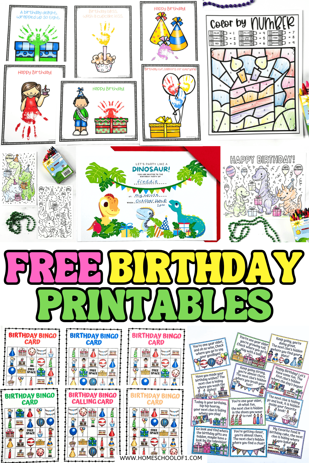 Free birthday printables for kids including bingo cards, scavenger hunts, dinosaur invitations, handprint crafts, and color by number.