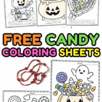 Collection of Halloween candy coloring pages featuring pumpkin bucket, cauldron, skeleton hand, trick-or-treat bag, and monsters.