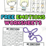 Printable emotions worksheet pack with labeled feeling faces and matching activity prompts, perfect for emotional learning at school or home.