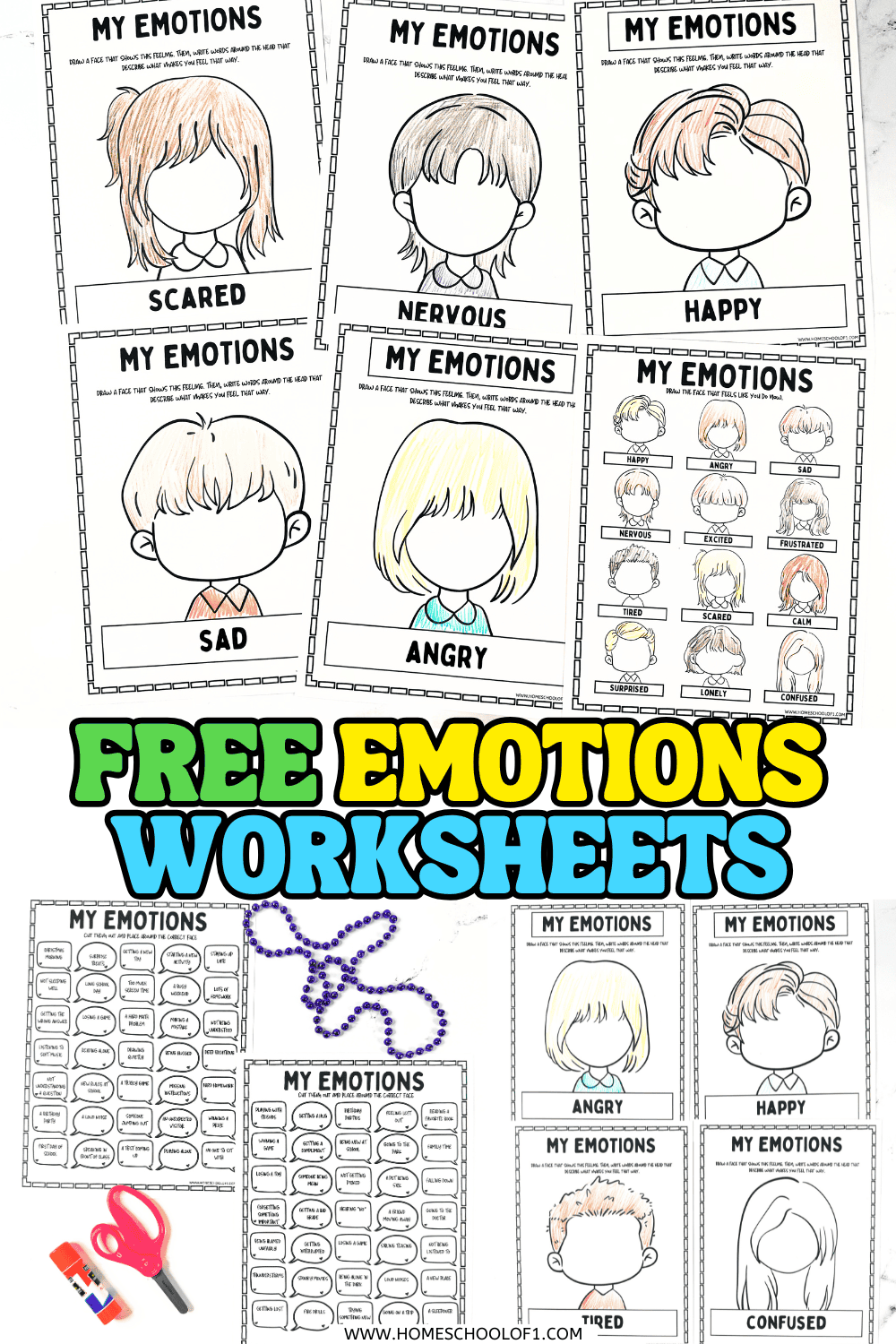 Free printable emotions worksheets for kids featuring cut-and-paste activities and blank faces to draw feelings like scared, happy, sad, and more.