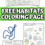 Free printable habitat coloring pages featuring wetland and coral reef animals for preschool and elementary kids.