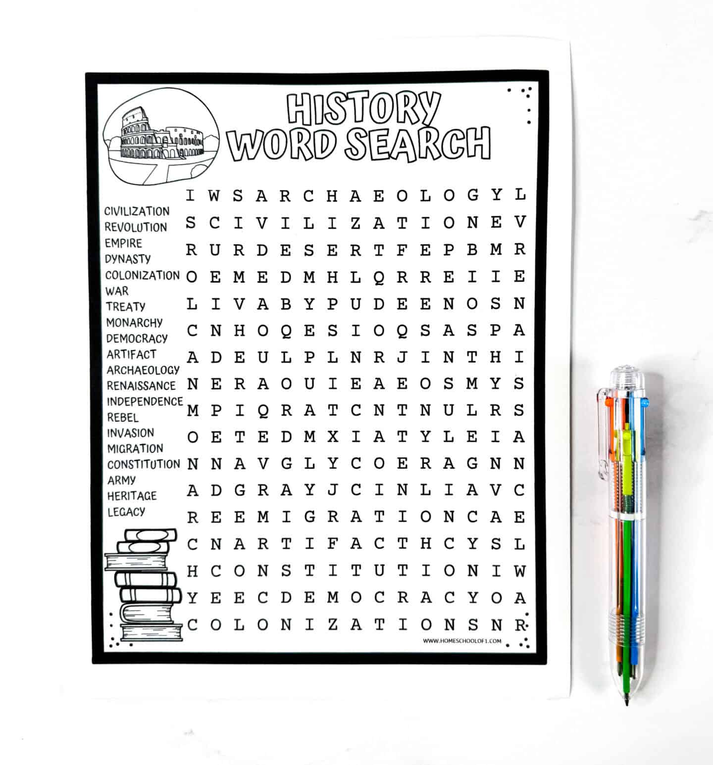 Black-and-white history word search printable for kids with 20 vocabulary words such as revolution, constitution, and archaeology, shown with a multicolor pen for classroom or homeschool use.