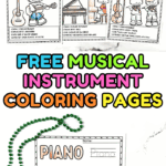 A collection of musical instrument coloring pages for kids featuring maracas, saxophone, flute, piano, violin, and guitar.