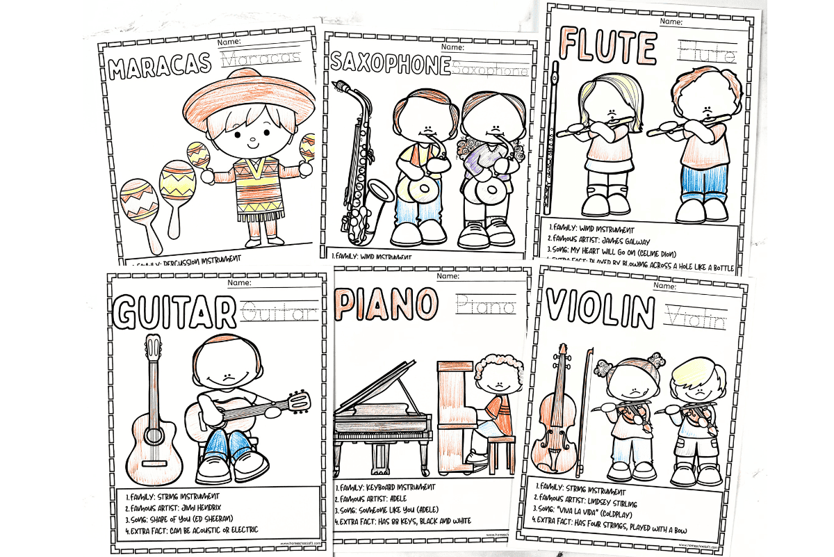 Coloring sheets featuring maracas, saxophone, flute, guitar, piano, and violin with music facts and illustrations.