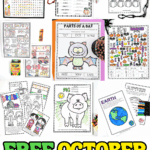 Free October printables for kids including word search, word scramble, reading log, fire safety worksheets, bat activities, I Spy game, farm animals, planets, and Diwali coloring pages.