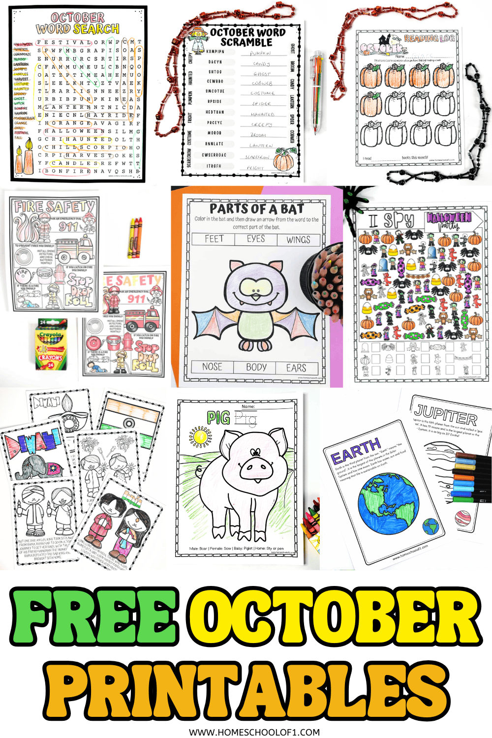 Free October printables for kids including word search, word scramble, reading log, fire safety worksheets, bat activities, I Spy game, farm animals, planets, and Diwali coloring pages.
