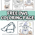 Free owl coloring page printables featuring pumpkin owl, leaf owl, witch owl, flying owl, wizard owl, and owl family designs, shown colored with crayons.