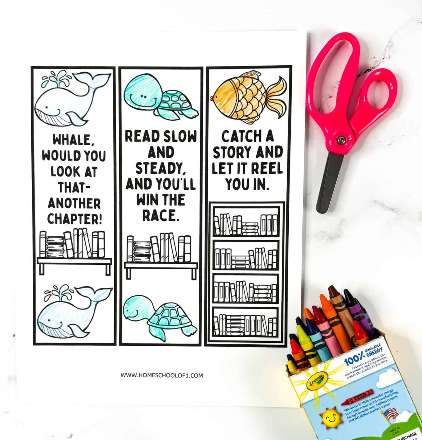 Free PDF animal bookmarks with whales, turtles, and fish illustrations, ready for kids to color and use during reading time.