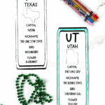 Texas and Utah state bookmarks with colored borders, shown next to Crayola Twistable pencils. Free printable 50 States bookmarks for kids.