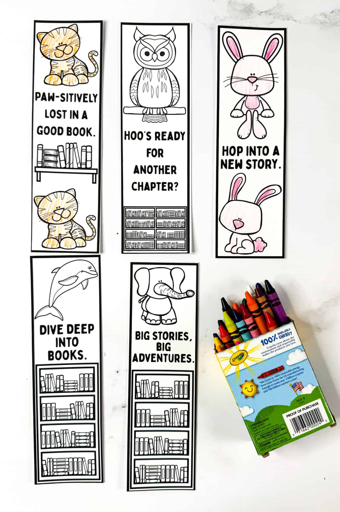 Set of free printable animal bookmarks with cats, owls, rabbits, dolphins, and elephants designed for children to color.