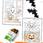 Two adorable bat coloring pages for kids, one featuring a bat carving a pumpkin and the other sitting on a jack-o’-lantern, surrounded by Halloween decorations.