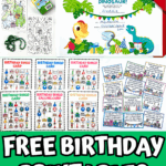 Free printable birthday activities for kids including birthday bingo, scavenger hunt clues, handprint art, color by number, and dinosaur invitations.